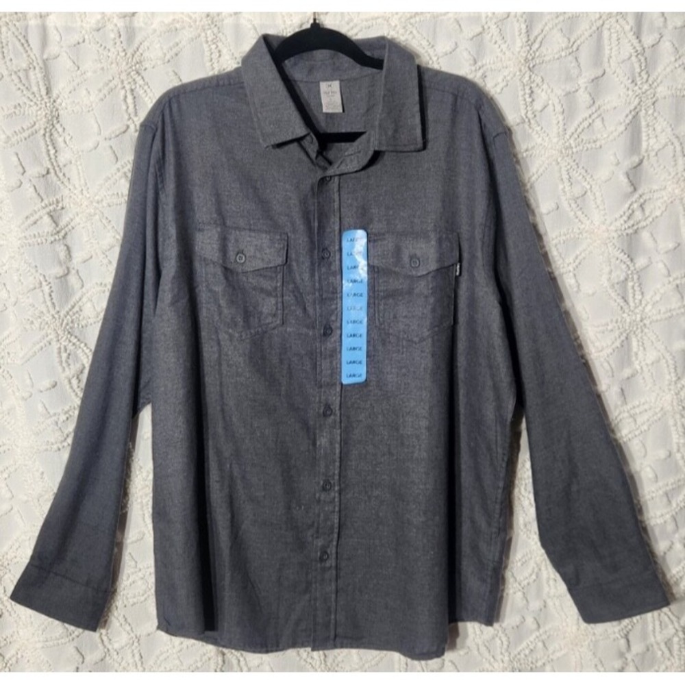 Hurley Men's‎ Flannel Button Up Shirt Size Large Grey Flap Pocket Neutral Warm